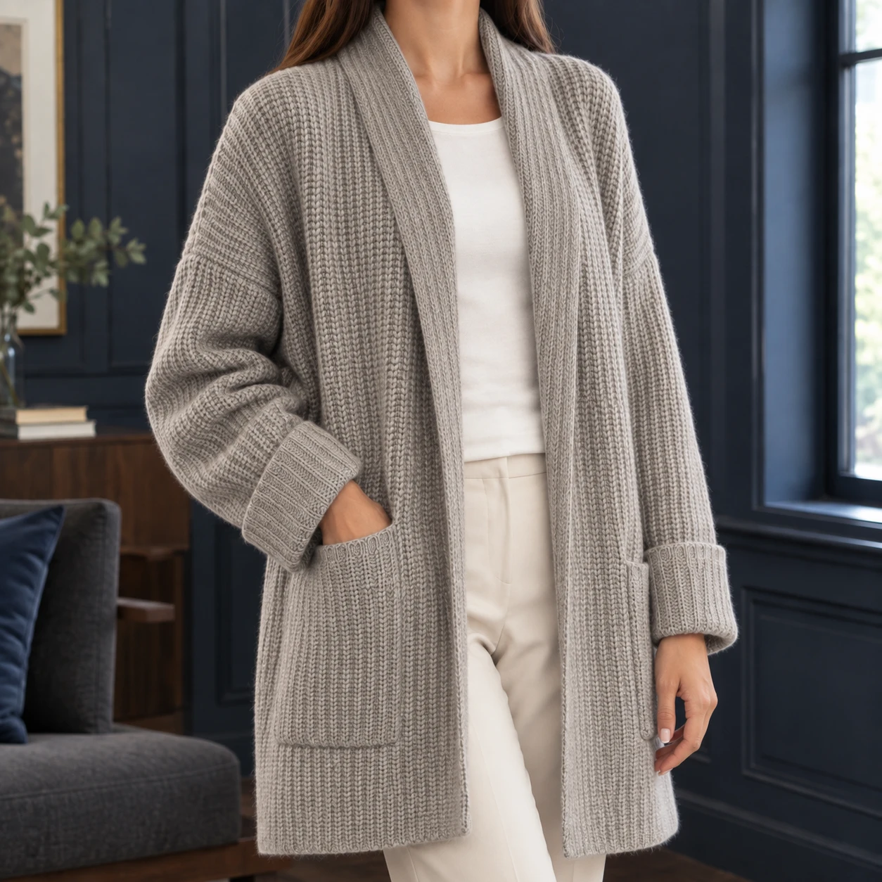 Blair-Elise Ribbed Cardigan — Light Gray