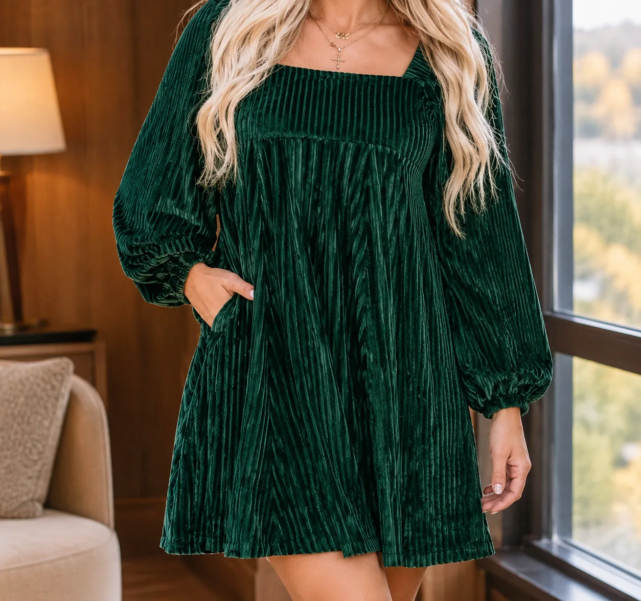 Arabella-Pearl Square-Neck Mini Dress