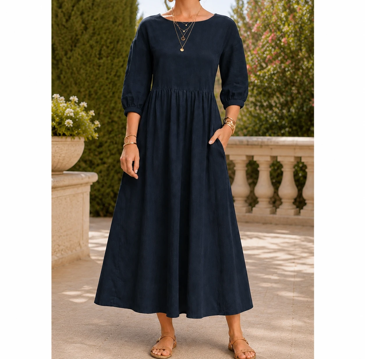 Saskia Balloon-Sleeve Midi Dress