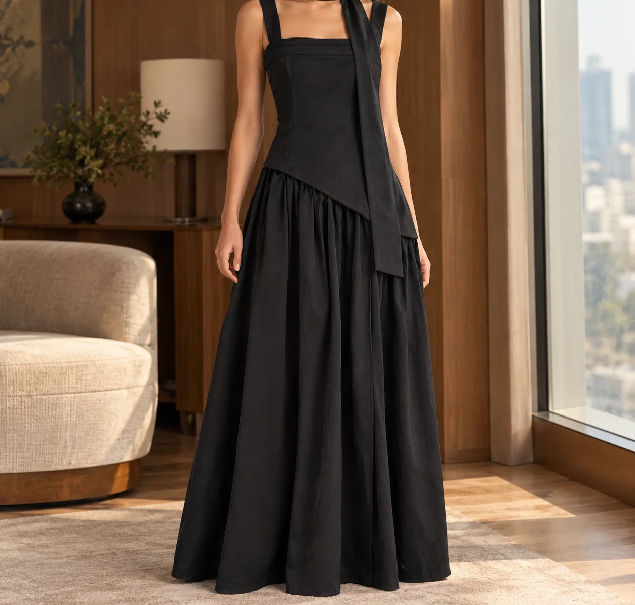 Evelina-Sage Asymmetric Maxi Dress