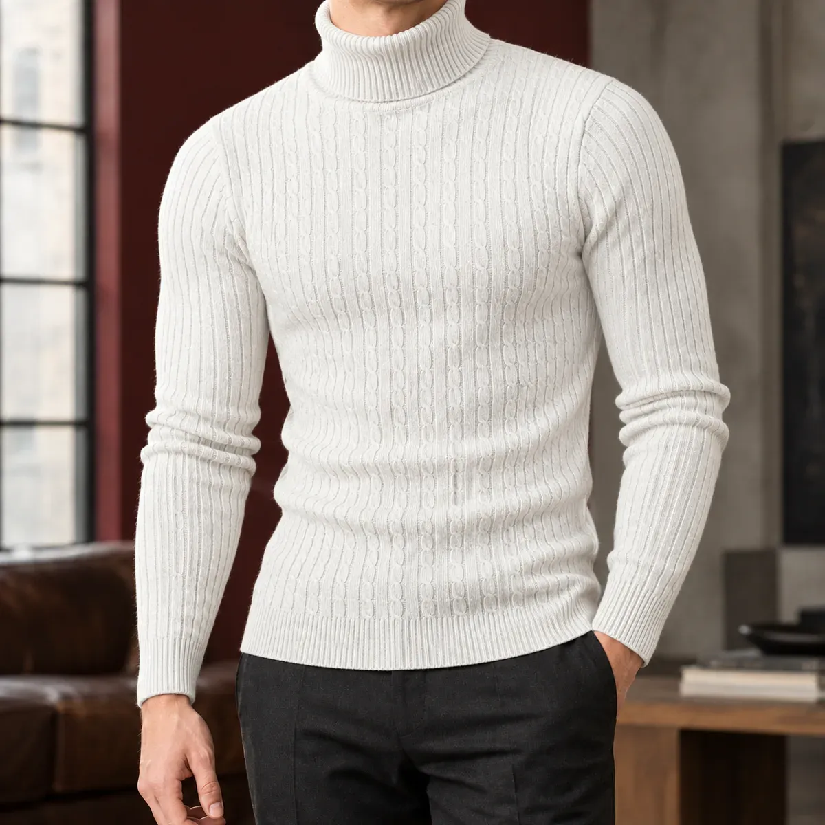 Toby Cable Turtleneck in White