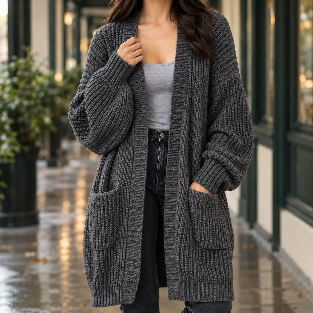 Sofia-Pearl Longline Cardigan in Dark Gray