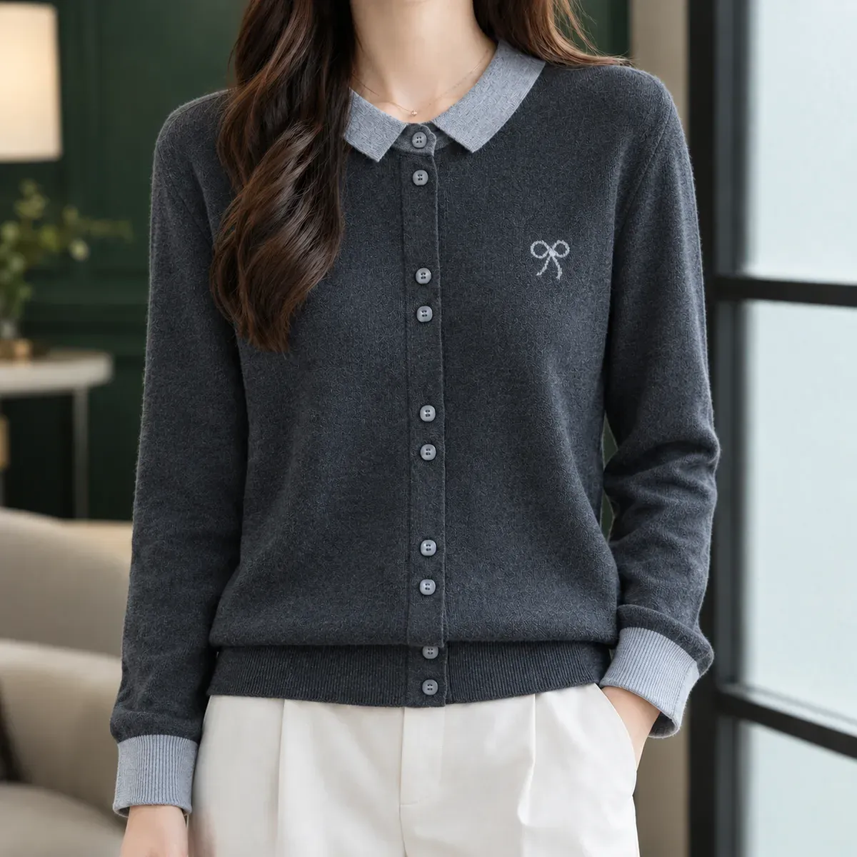 Pippa-Marie Contrast Collar Cardigan in Gray Collar Dark Gray