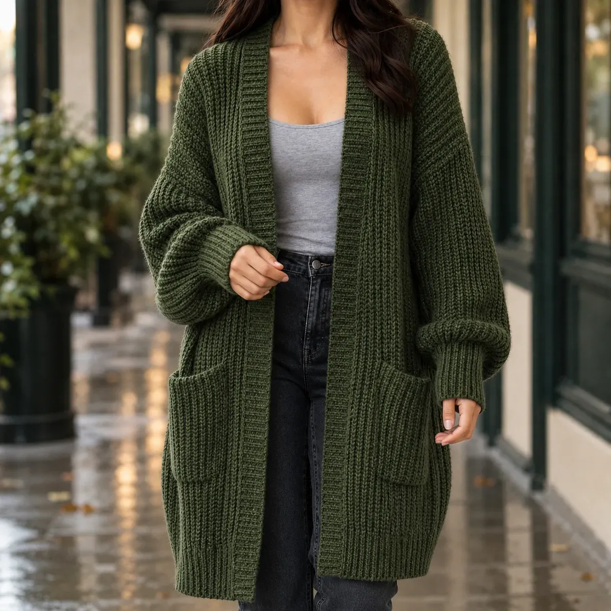 Sofia-Pearl Longline Cardigan in Army Green