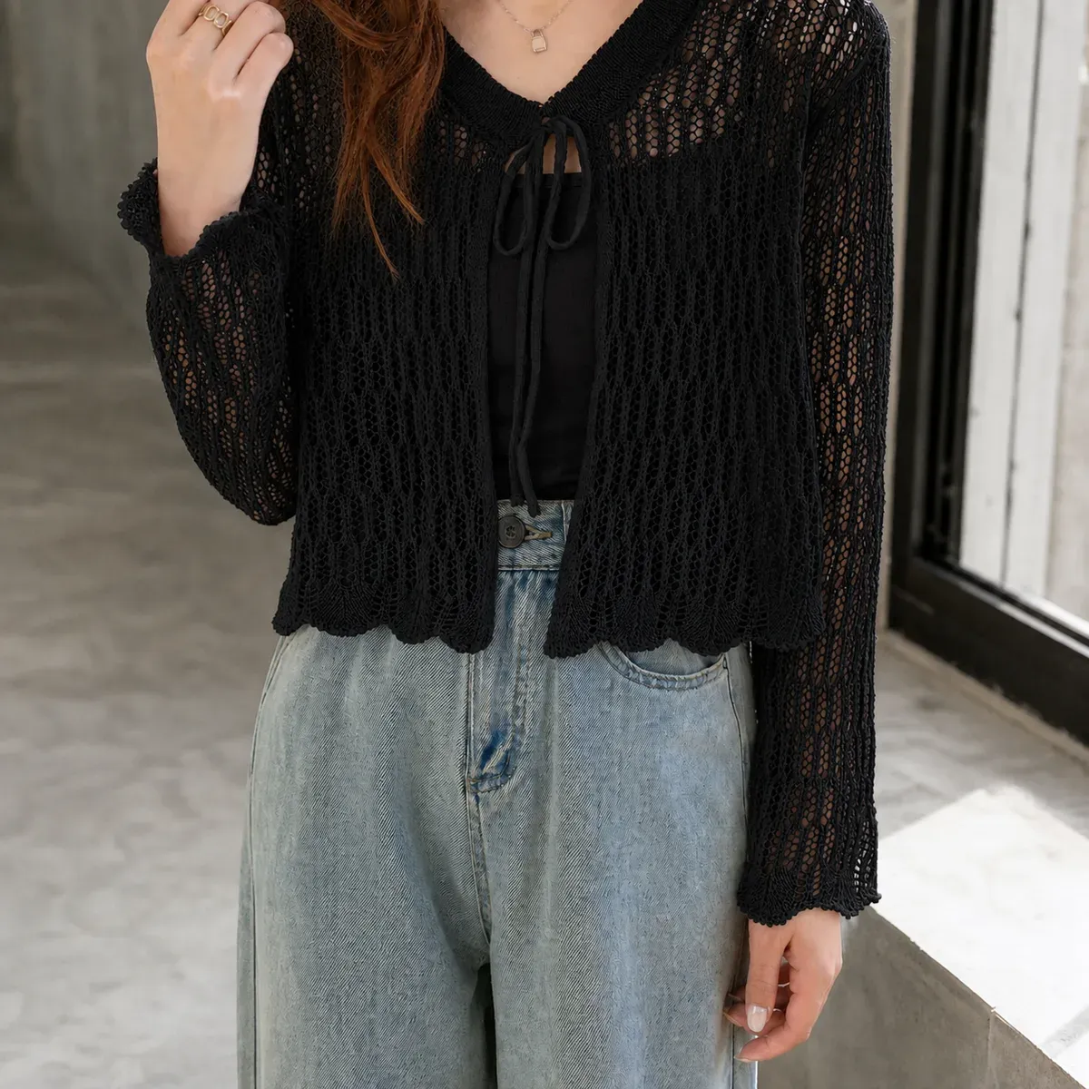 Bridget Pointelle Cardigan in Black