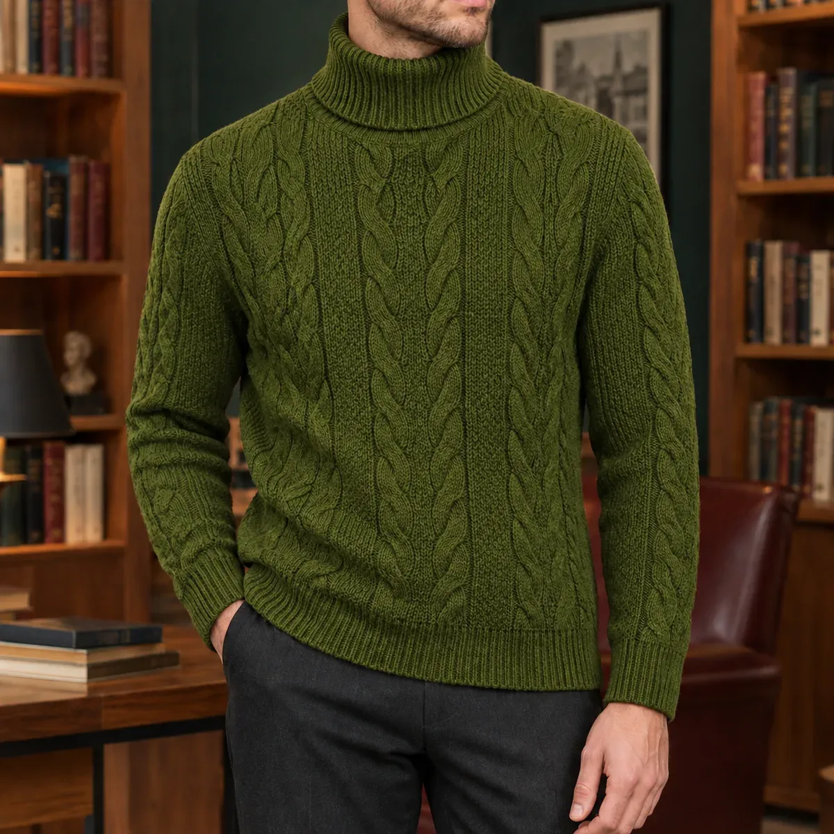 Arnaud Cable Knit Sweater in Military Green