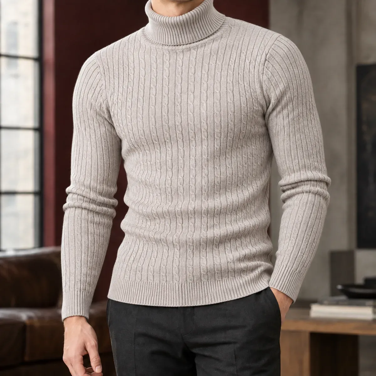 Toby Cable Turtleneck in Beige