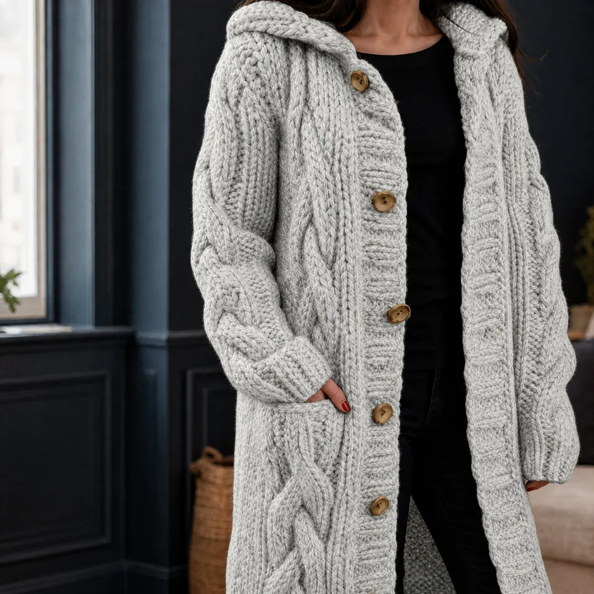 Bethany Cable Knit Cardigan in Light Gray