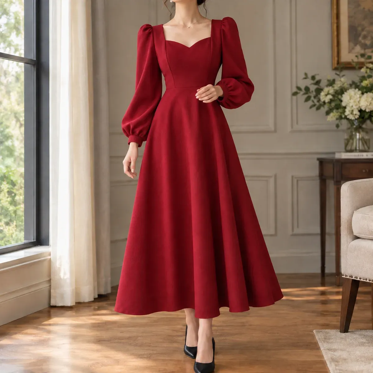 Idalia Sweetheart Midi Dress in Red