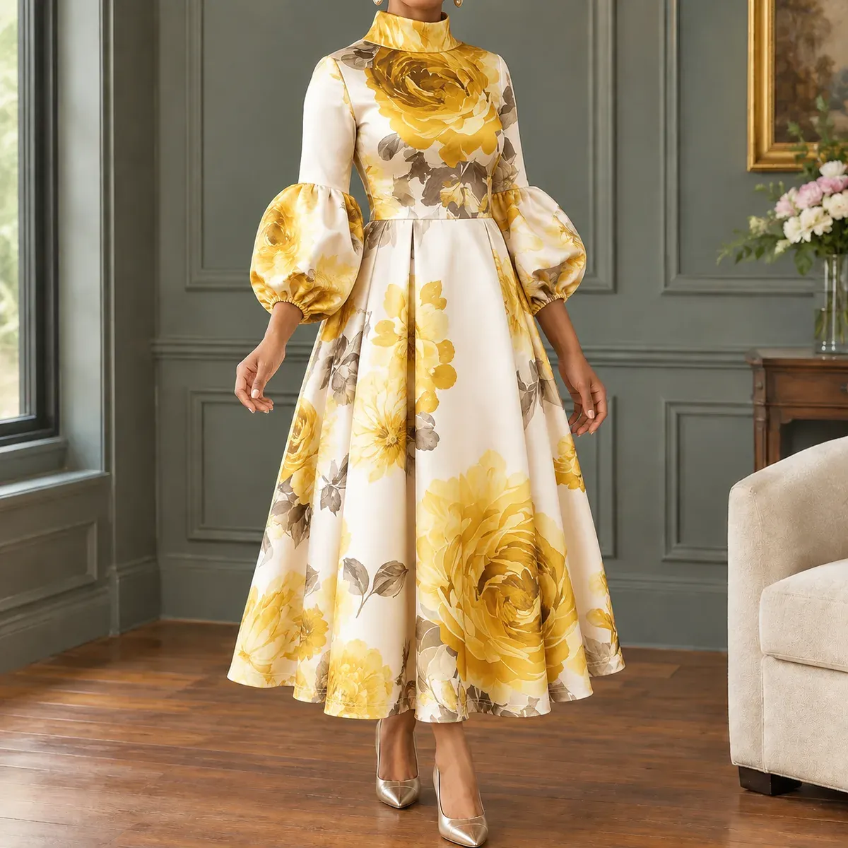 Esther Floral Midi Dress in Yellow