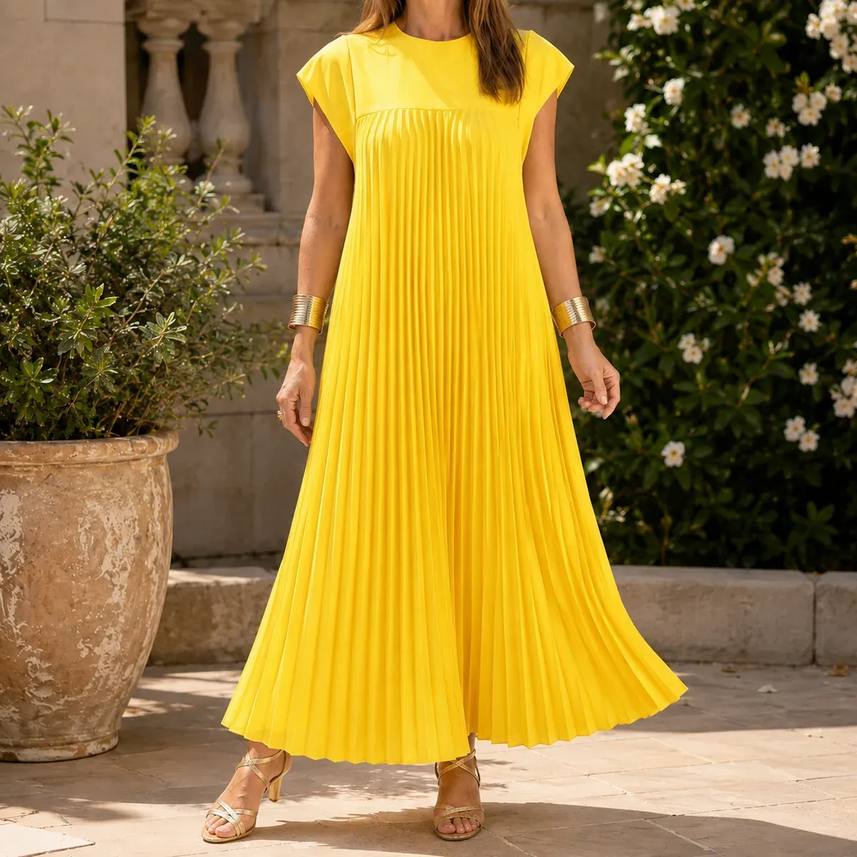 Vivienne Pleated Maxi Dress in Yellow