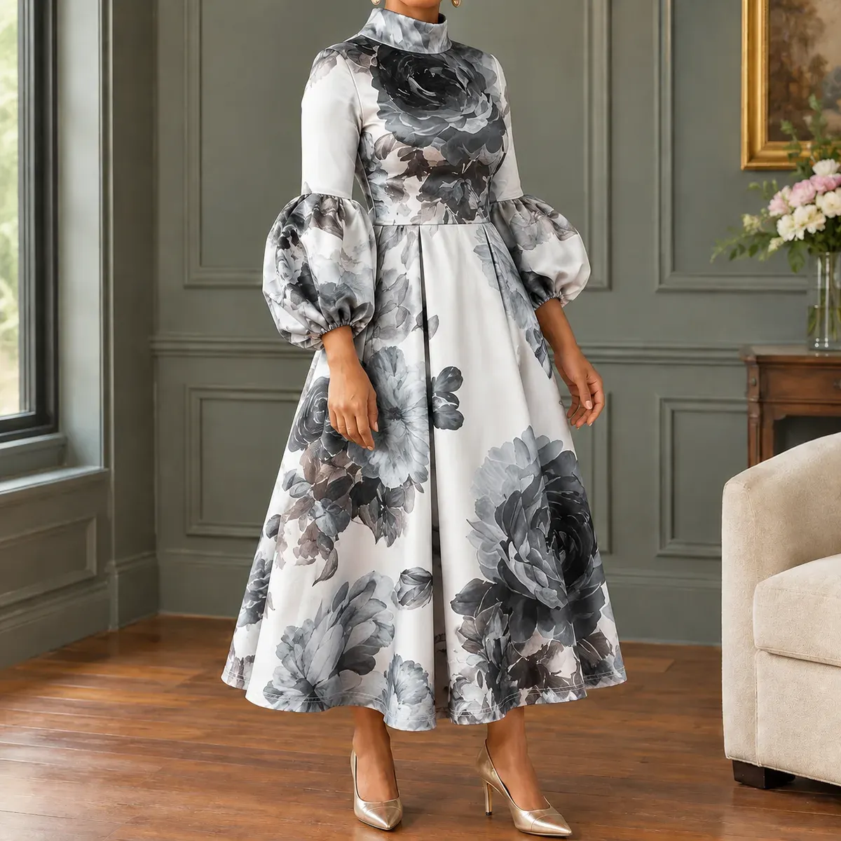 Esther Floral Midi Dress in Black