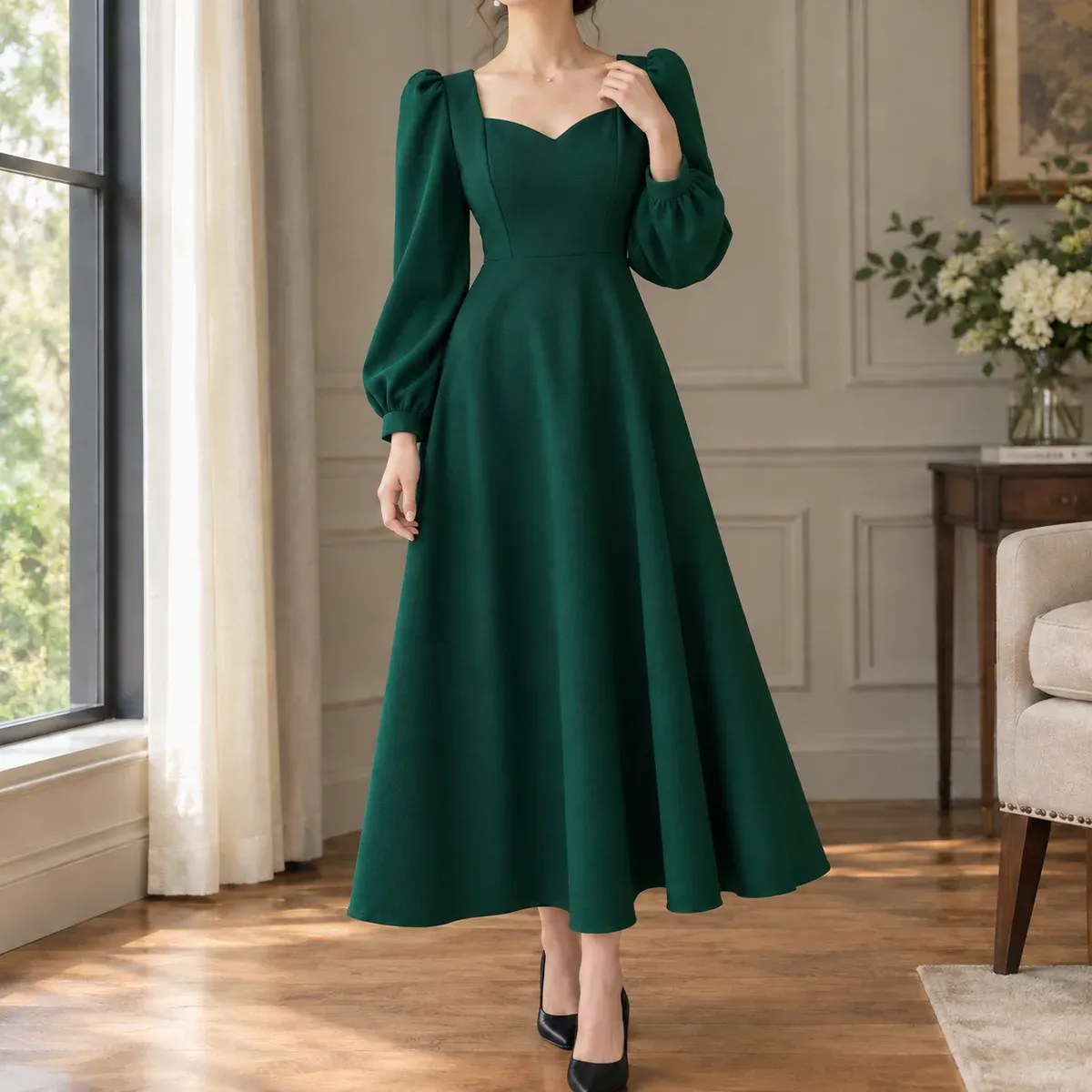 Idalia Sweetheart Midi Dress in Dark Green