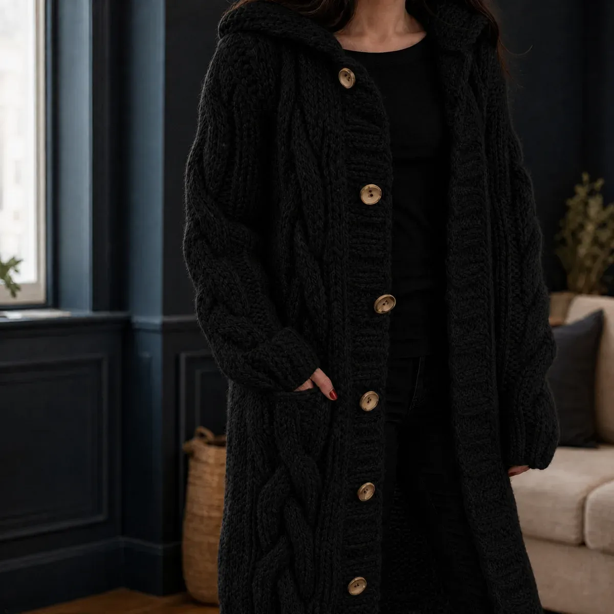 Bethany Cable Knit Cardigan in Black