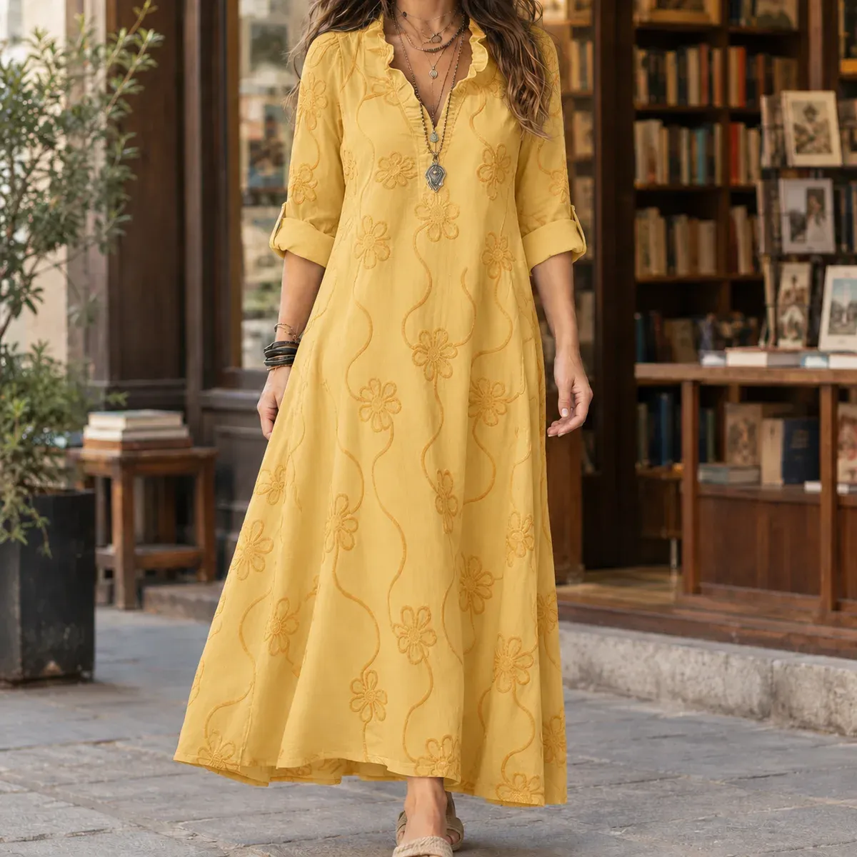 Sasha Embroidered Maxi Dress in Yellow