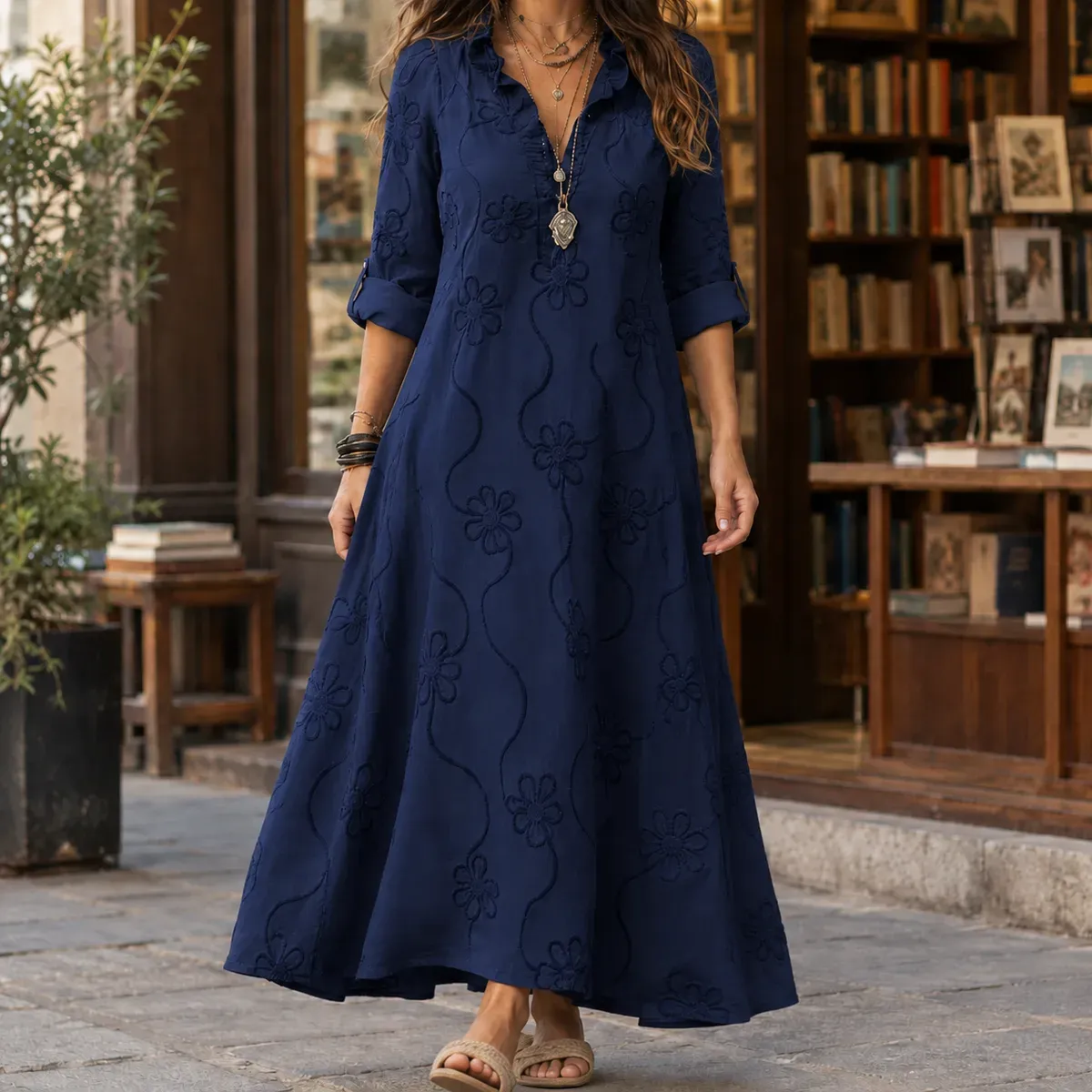 Sasha Embroidered Maxi Dress in Navy Blue