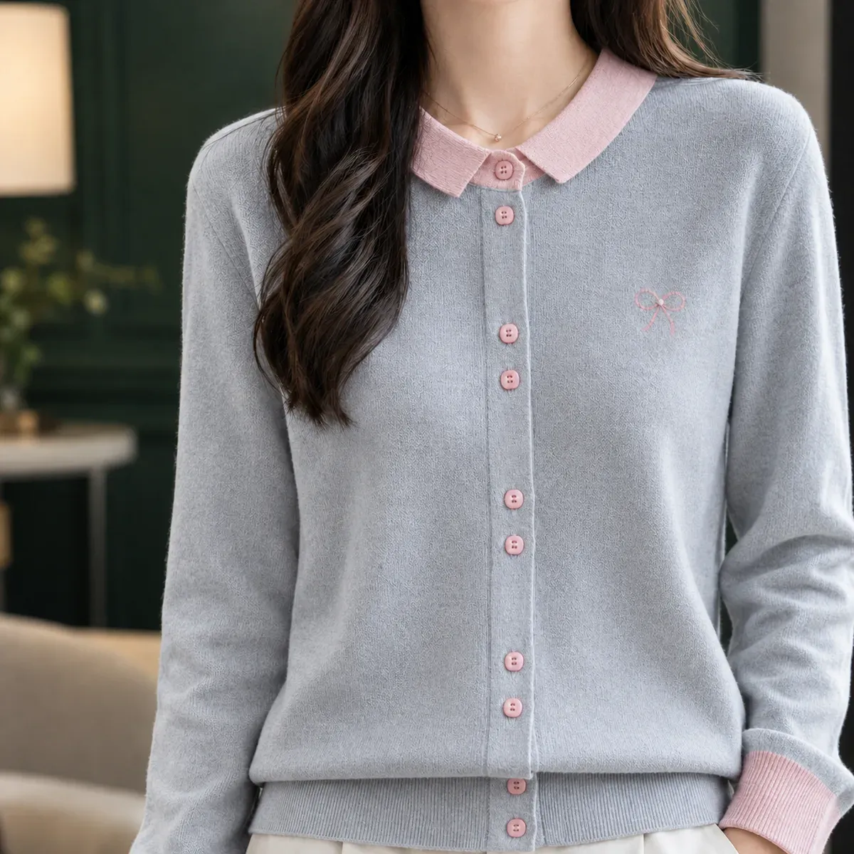 Pippa-Marie Contrast Collar Cardigan in Pink Collar Medium Gray