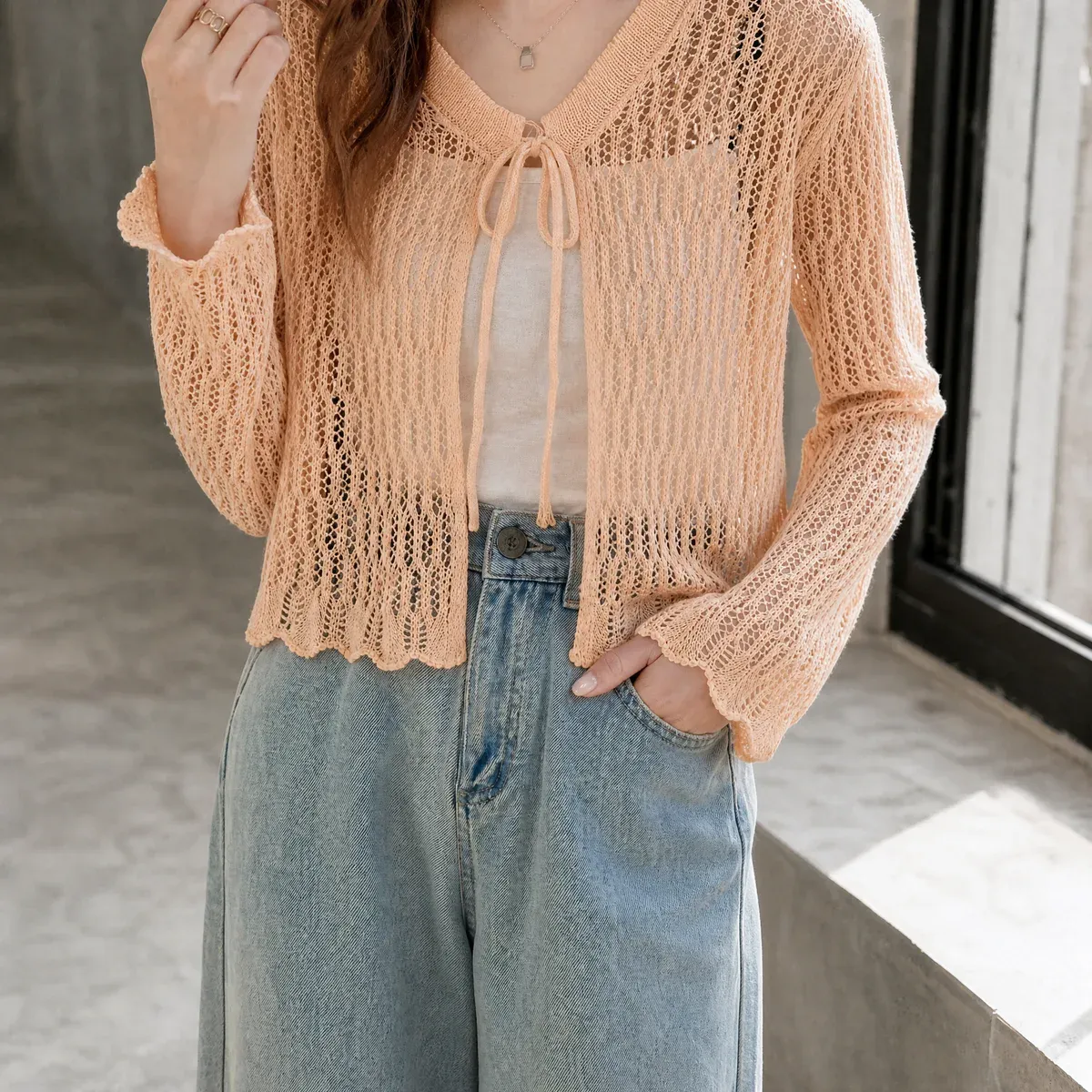 Bridget Pointelle Cardigan in Apricot
