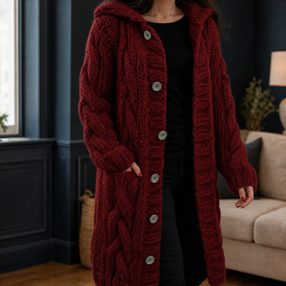 Bethany Cable Knit Cardigan in Wine Red