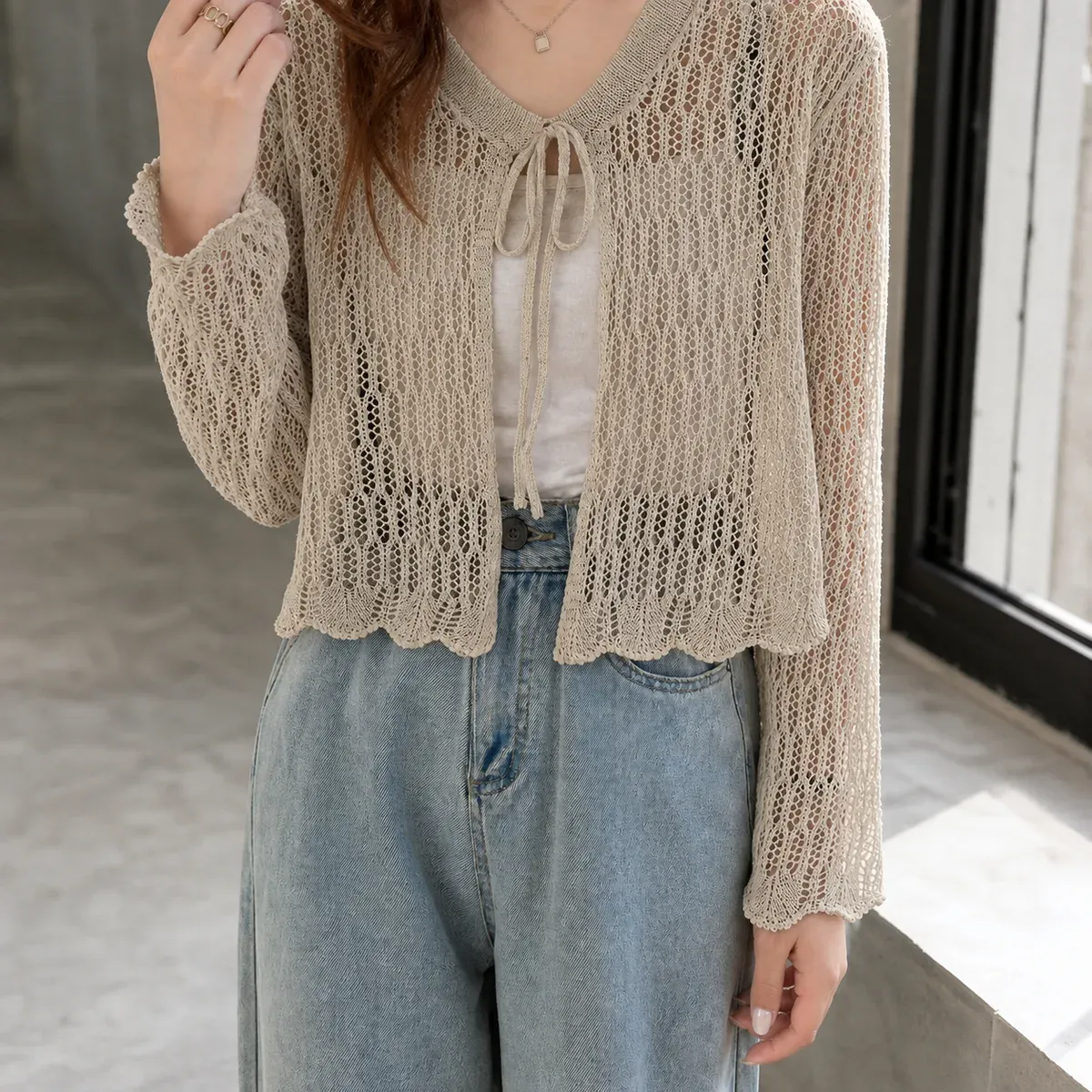 Bridget Pointelle Cardigan in Khaki