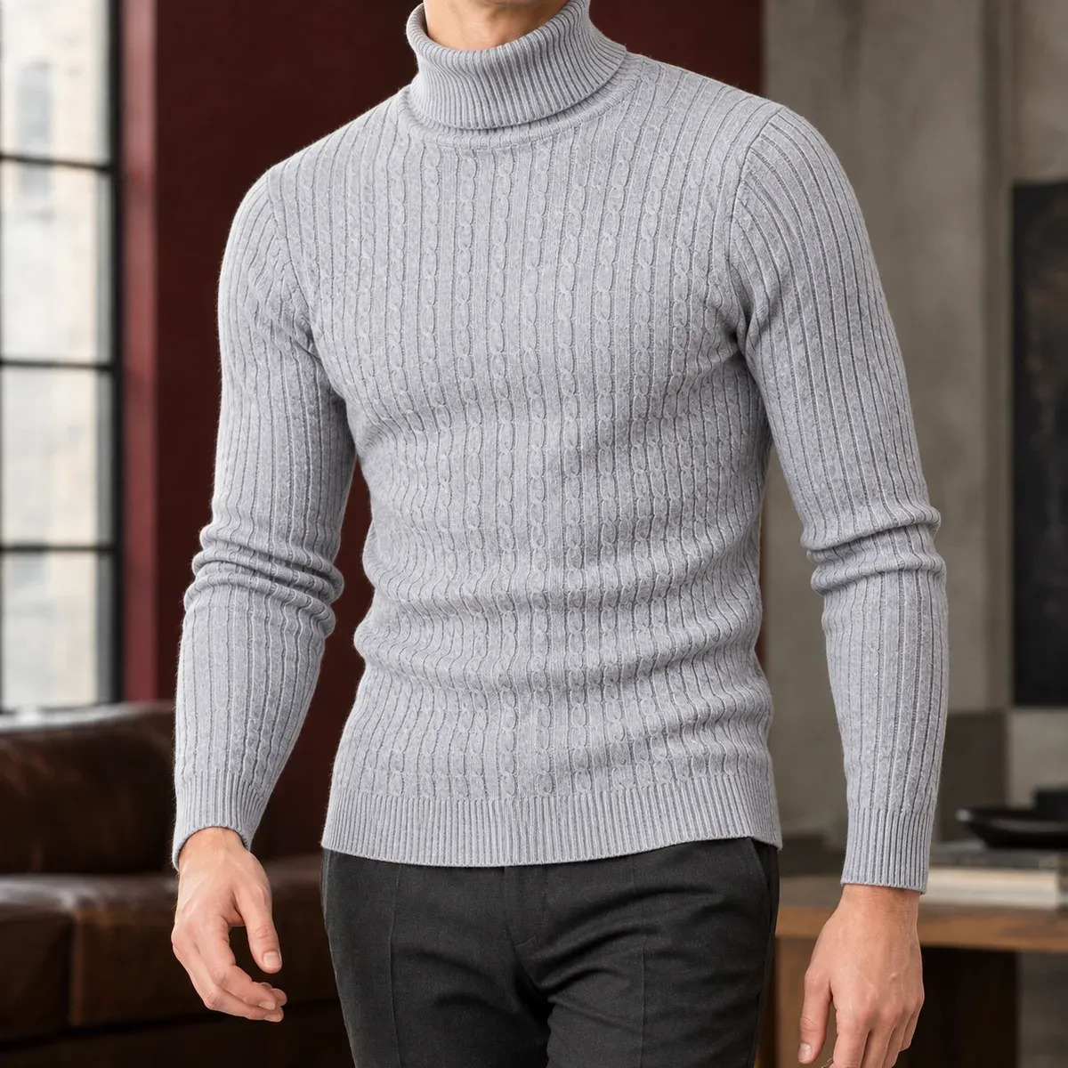 Toby Cable Turtleneck in Light Gray