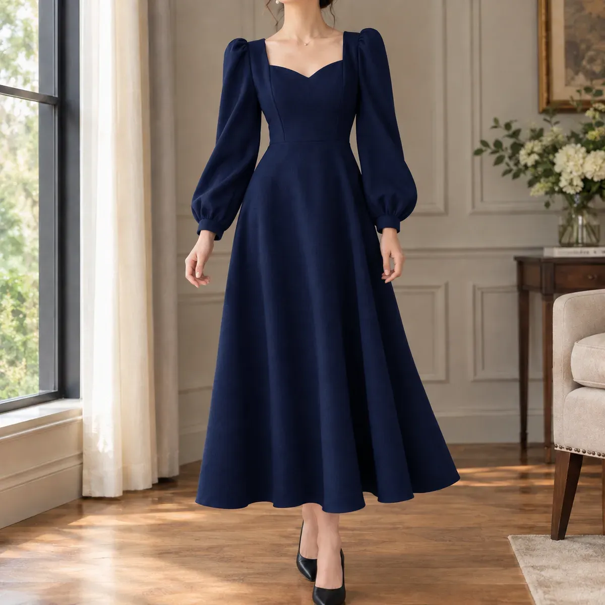 Idalia Sweetheart Midi Dress in Navy Blue