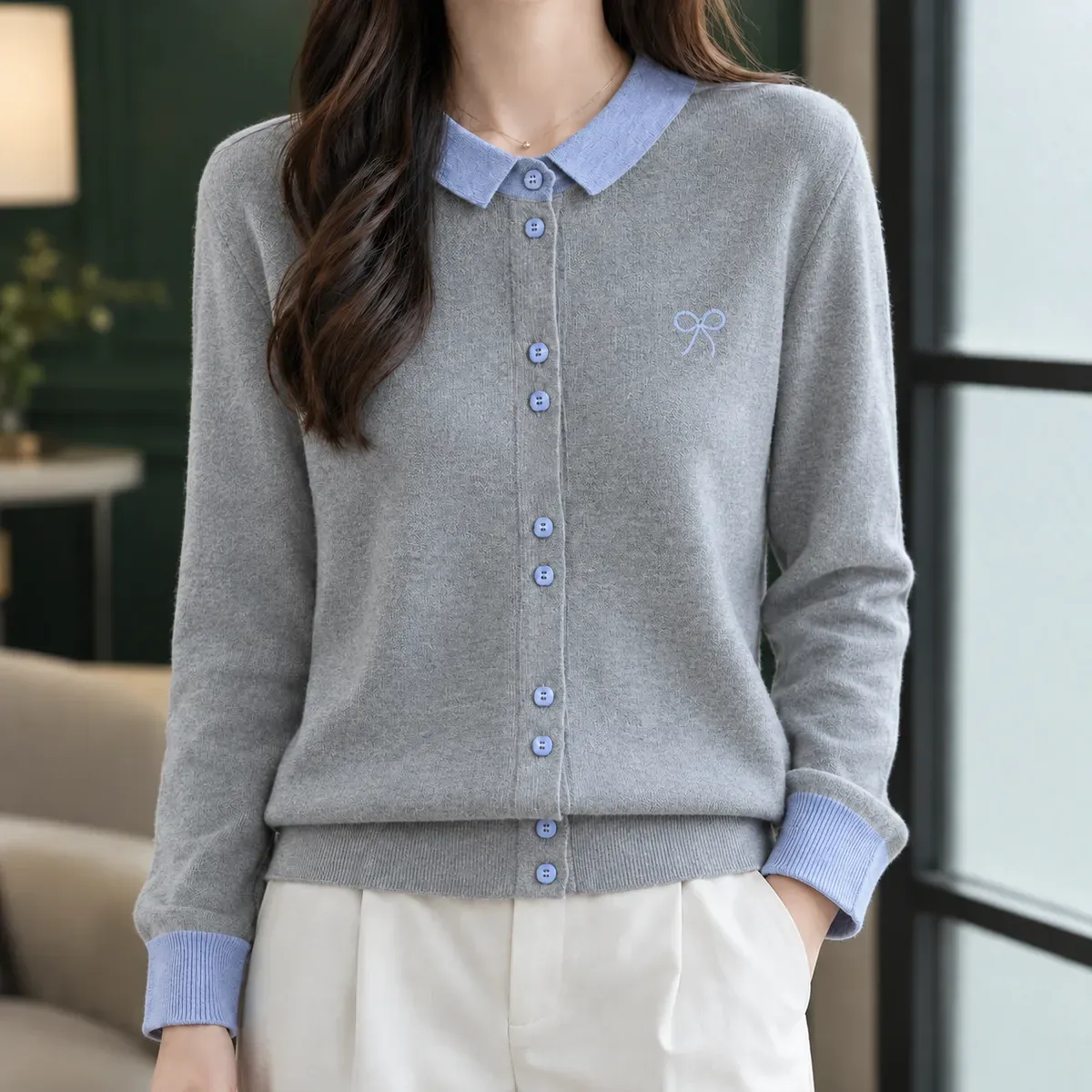 Pippa-Marie Contrast Collar Cardigan in Blue Collar Medium Gray