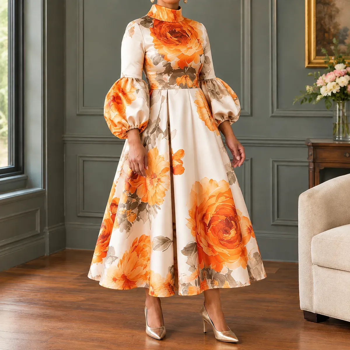 Esther Floral Midi Dress in Orange