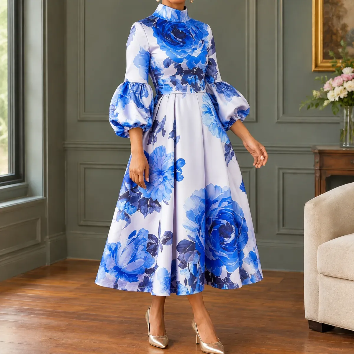 Esther Floral Midi Dress in Blue