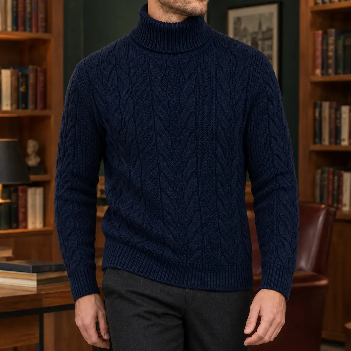 Arnaud Cable Knit Sweater in Navy Blue