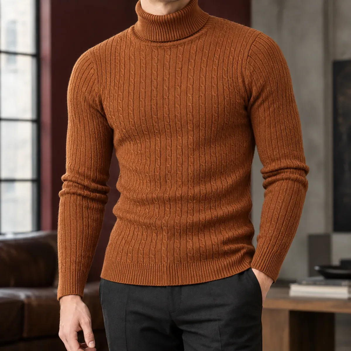 Toby Cable Turtleneck in Caramel Brown
