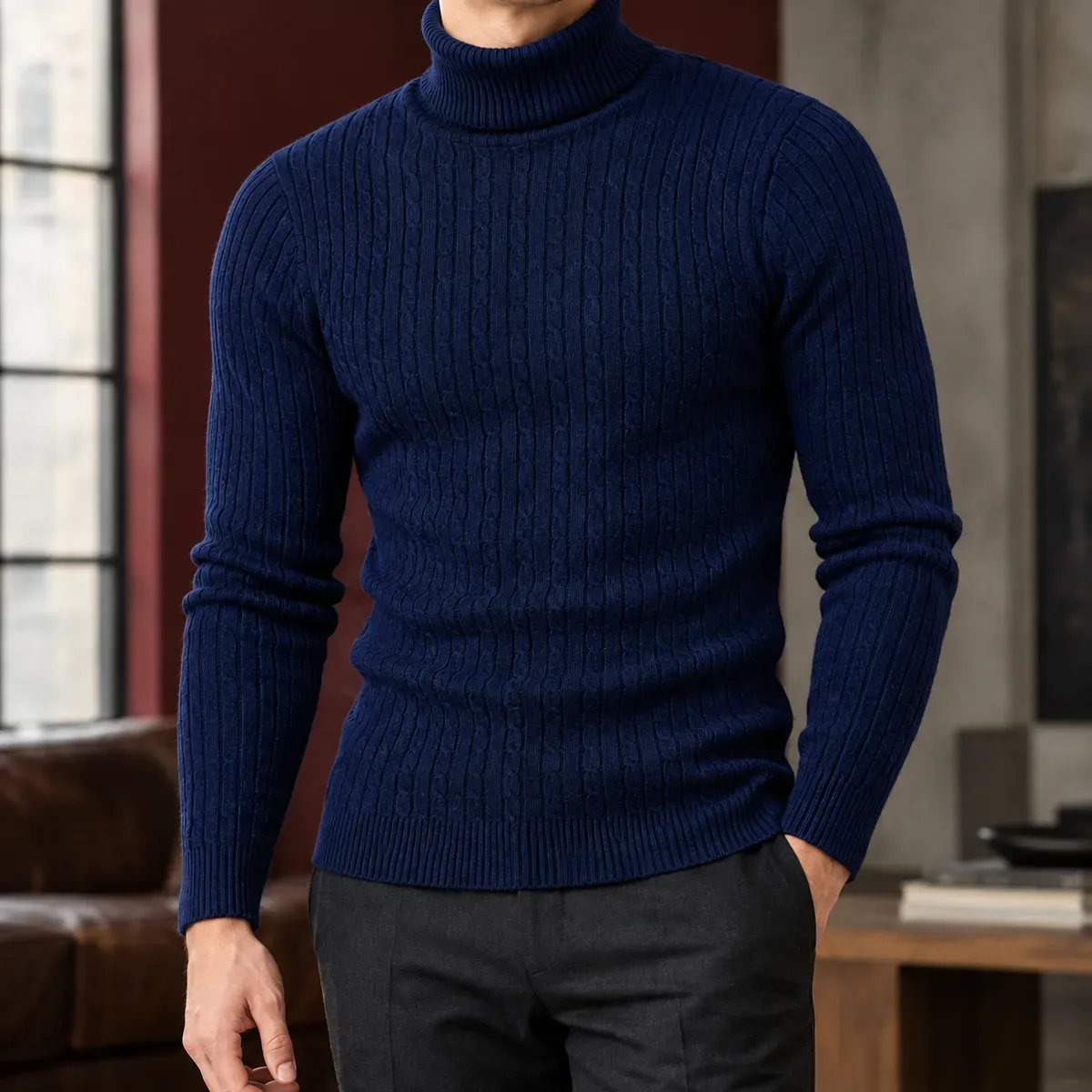 Toby Cable Turtleneck in Navy Blue