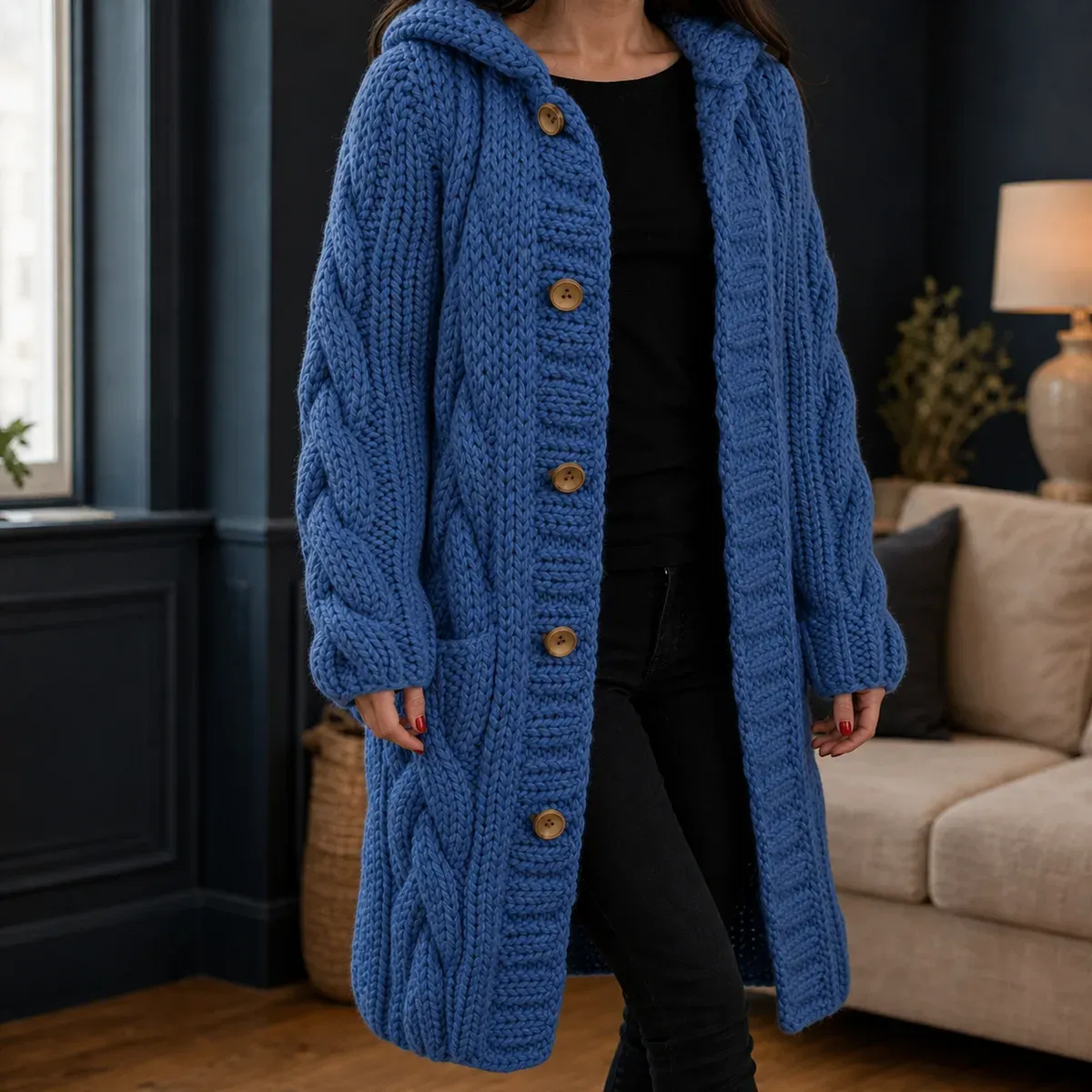 Bethany Cable Knit Cardigan in Denim Blue