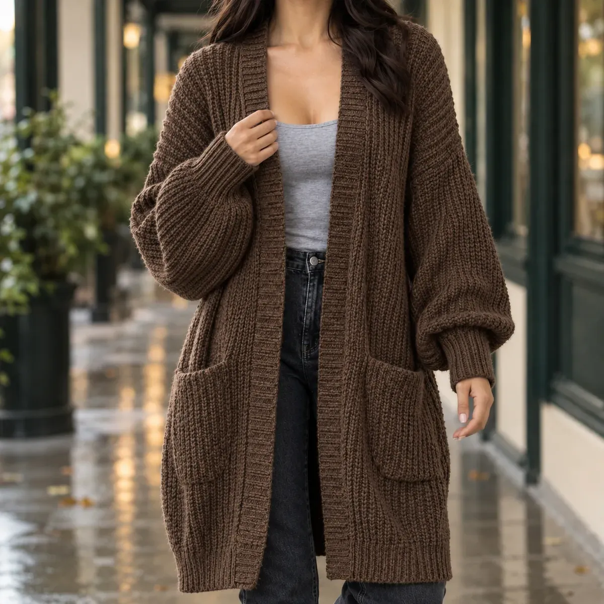 Sofia-Pearl Longline Cardigan in Brown