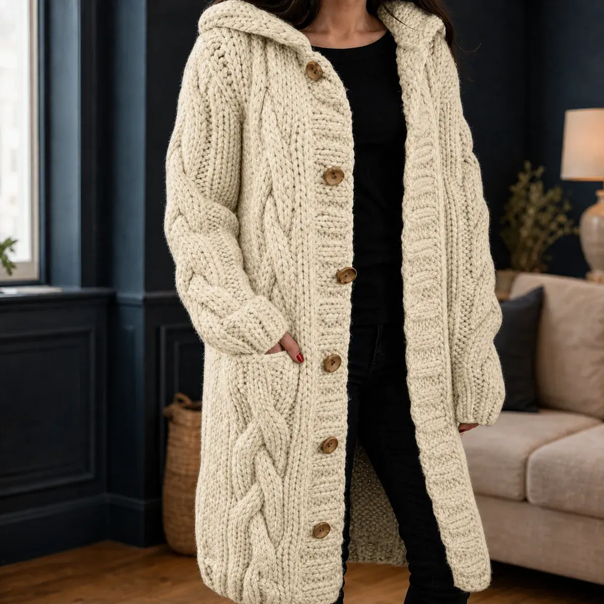 Bethany Cable Knit Cardigan in Beige